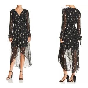 AQUA Floral Swiss Dot Faux-Wrap Dress Black Sheer Fairy Cottage Hi-Low - Sz XS